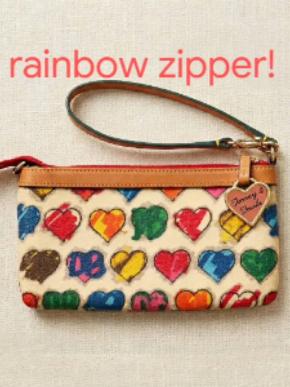 Dooney & Bourke Vintage RAINBOW ZIPPER Wristlet Clutch Heart pattern and fob